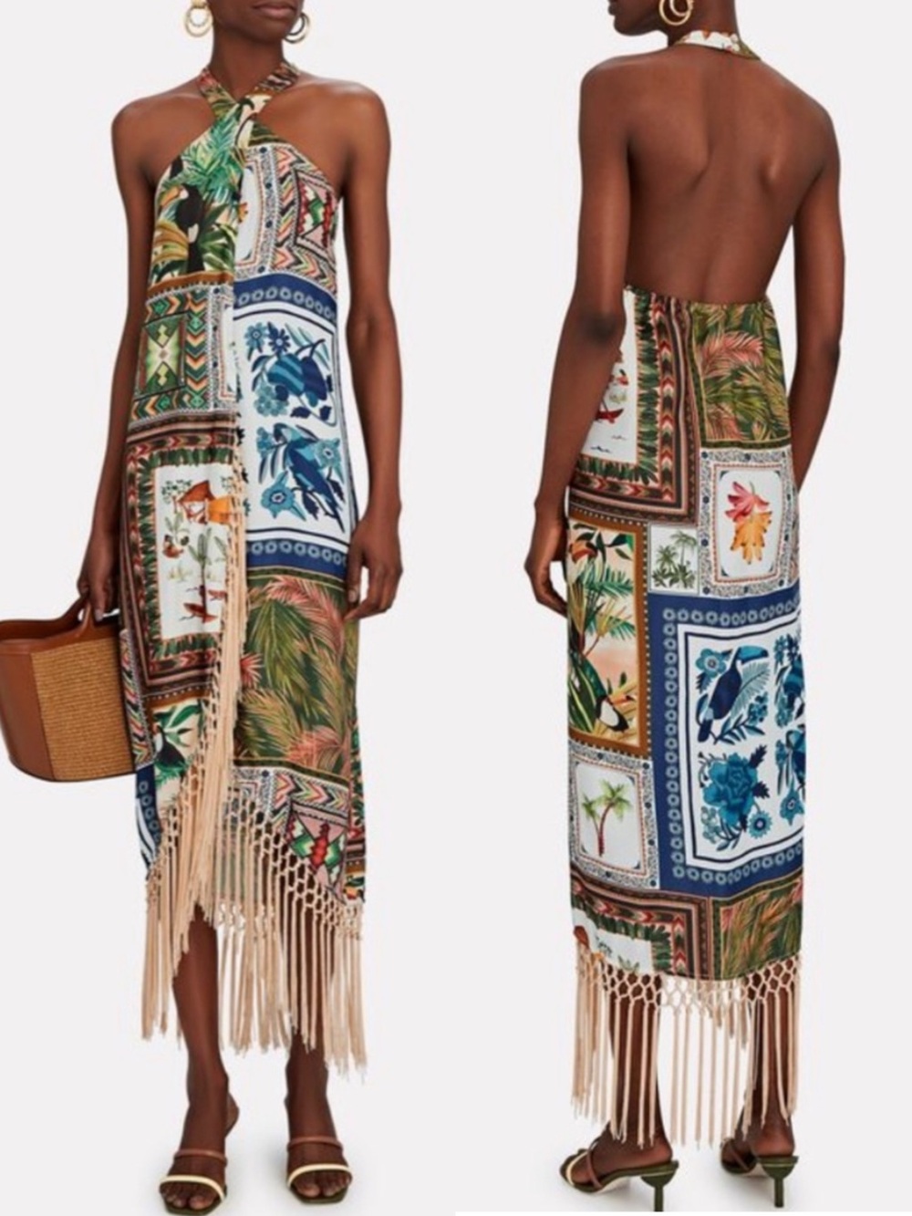 FARM RIO NWT Blue Mixed Scarfs Crossover Satin Halter Tropical Print Maxi Dress